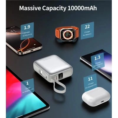 Портативная батарея Choetech 10000mAh, 35W. PD/3.0, LED Display, buid-in type-C cabel, Silver (B832-SL) [B832-SL-B] — фото 5