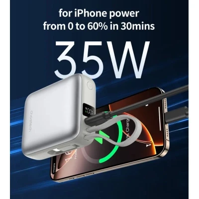 Портативная батарея Choetech 10000mAh, 35W. PD/3.0, LED Display, buid-in type-C cabel, Silver (B832-SL) [B832-SL-B] — фото 6