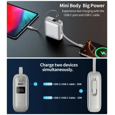 Портативная батарея Choetech 10000mAh, 35W. PD/3.0, LED Display, buid-in type-C cabel, Silver (B832-SL) [B832-SL-B] — фото 9