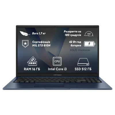Ноутбук ASUS Vivobook 15 X1504VA-BQ499 1920х1080 (FullHD) Intel Core i3-1315U RAM 16 / SSD синій (90NB10J1-M00PH0-B) — фото 7