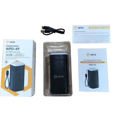 Портативная батарея Atria 20000mAh, PD/22.5W, QC/3.0, Built-in flashlight, Black (WPD-69B) [WPD-69B-B] — фото 3