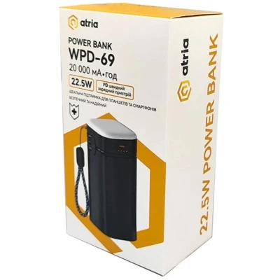 Портативная батарея Atria 20000mAh, PD/22.5W, QC/3.0, Built-in flashlight, Black (WPD-69B) [WPD-69B-B] — фото 4