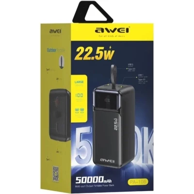 Портативна батарея AWEI 50000mAh PA-106 22,5W PD 3xUSB-C black — фото 2