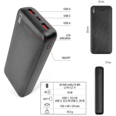 Портативна батарея EMOS 20000mAh AlphaQ3, 22.5W, black (B0572B) [B0572B-B] — фото 10