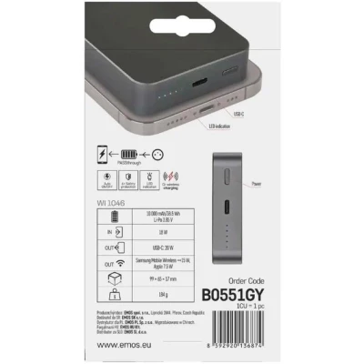 Портативная батарея EMOS 10000mAh WI1046, 20W, Wireless, grey (B0551GY) [B0551GY-B] — фото 12