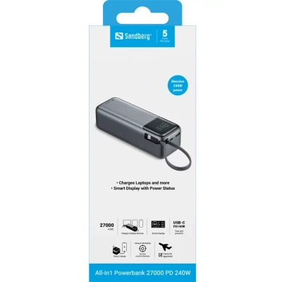 Портативная батарея Sandberg 27000mAh 140W+100W PD/140W, with built-in Type-C cable 140W (421-31) [421-31-B] — фото 6