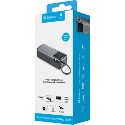 Портативная батарея Sandberg 27000mAh 140W+100W PD/140W, with built-in Type-C cable 140W (421-31) [421-31-B] — фото 7